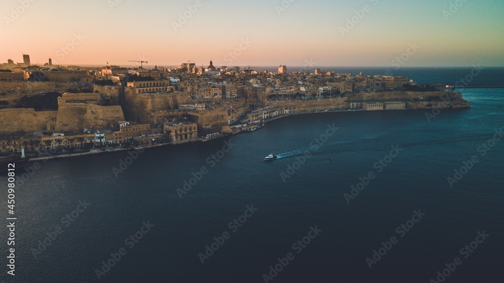 Sunset drone views seen in Valletta, Malta