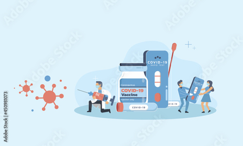 Coronavirus Covid-19 Vaccine and rapid test concept. Coronavirus Covid-19 patient with a big rapid test kit.