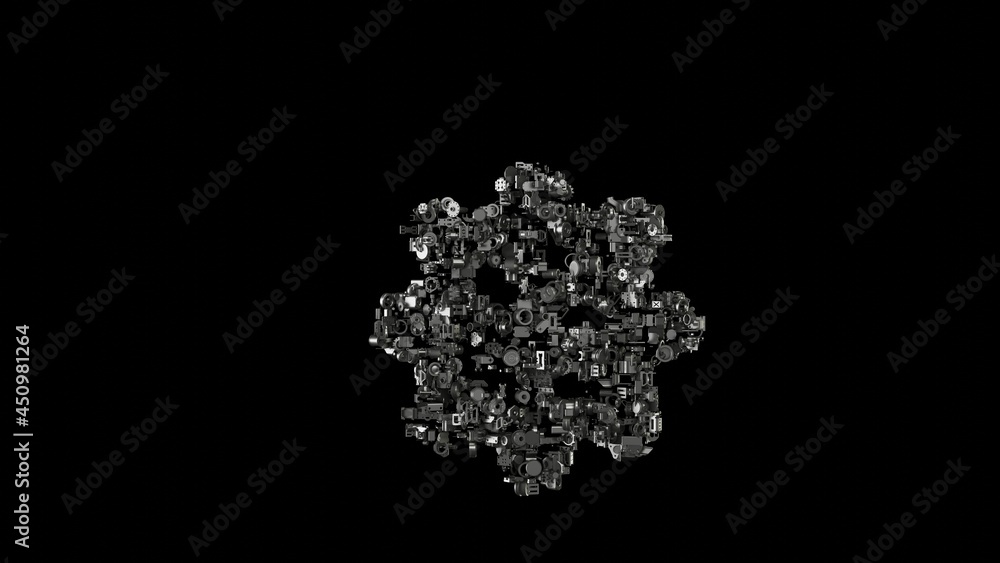 3d rendering mechanical parts in shape of symbol of corona isolated on black background 3d rendering mechanical parts in shape of symbol of corona isolated on black background