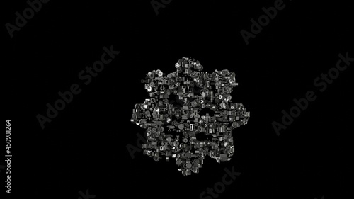 3d rendering mechanical parts in shape of symbol of corona isolated on black background