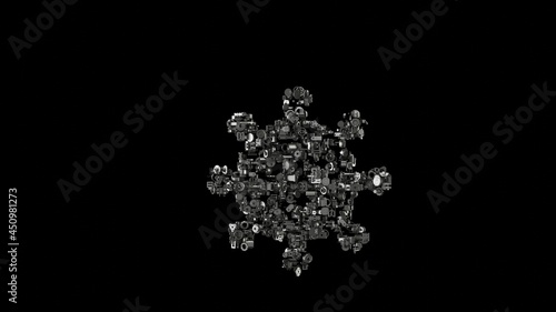 3d rendering mechanical parts in shape of symbol of coronavirus isolated on black background