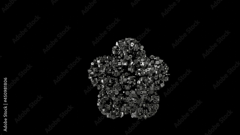 3d rendering mechanical parts in shape of symbol of flower isolated on black background 3d rendering mechanical parts in shape of symbol of flower isolated on black background