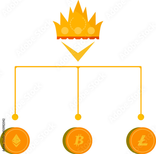 scheme of three crypto coins "bitcoin" "ethereum" and "litecoin" and a crown at the top 