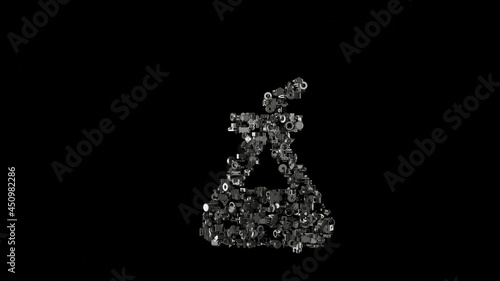 3d rendering mechanical parts in shape of symbol of chemical flask isolated on black background