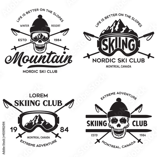 Vintage ski or winter sports logos, badges, emblems, design elements. Vector illustration. Monochrome Graphic Art.