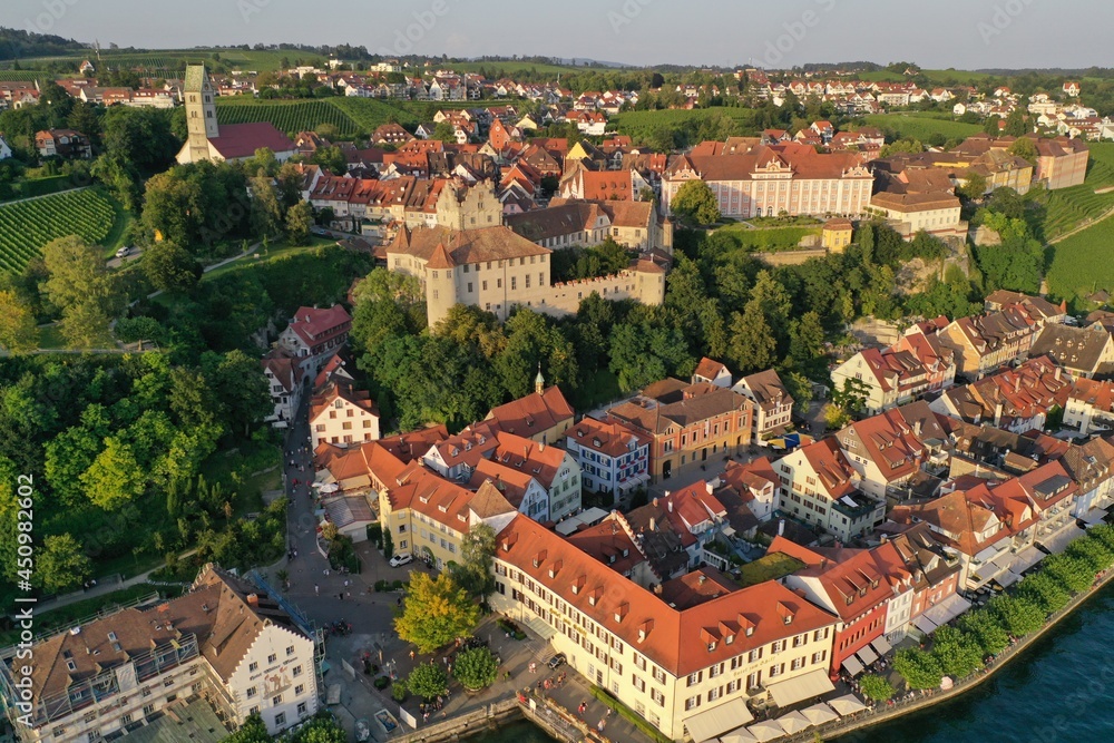 Aerial drone shot of Meersburg and the famous Meersburg Castle at Lake Constance, Germany