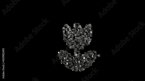 3d rendering mechanical parts in shape of symbol of makro or tulip isolated on black background