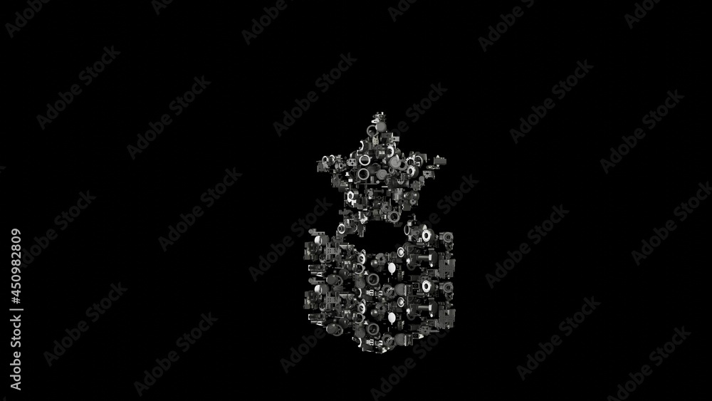 3d rendering mechanical parts in shape of symbol of military rank isolated on black background 3d rendering mechanical parts in shape of symbol of military rank isolated on black background