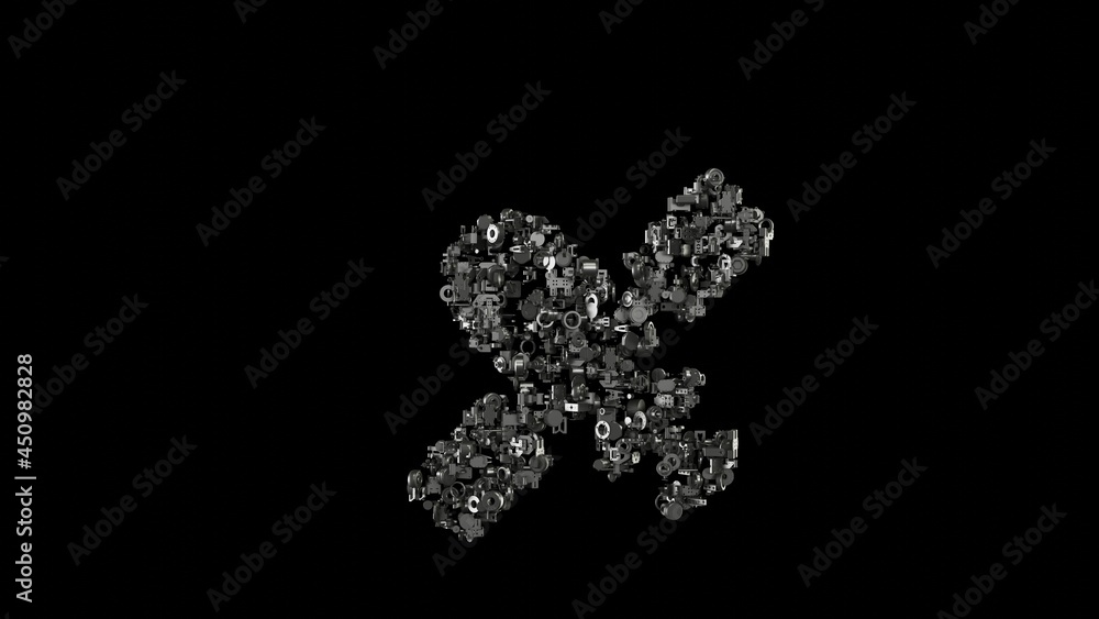 3d rendering mechanical parts in shape of symbol of modern satellite isolated on black background 3d rendering mechanical parts in shape of symbol of modern satellite isolated on black background