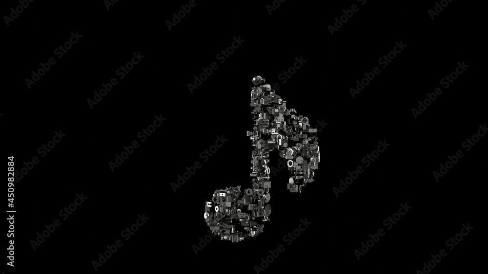 3d rendering mechanical parts in shape of symbol of musical note isolated on black background 3d rendering mechanical parts in shape of symbol of musical note isolated on black background
