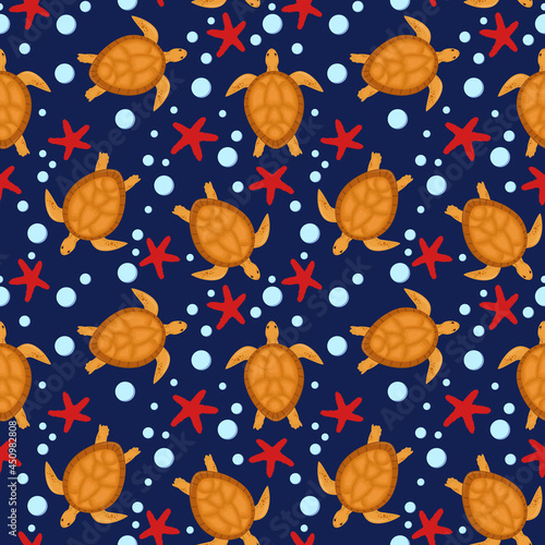 marine vector pattern with sea turtles and starfish on a dark blue background