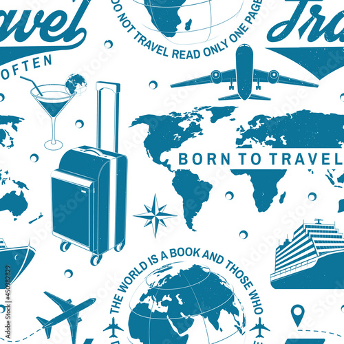 Travel seamless pattern or background with design element. Seamless scene with travel inspiration quotes, globe, airplane, suitcase, cocktail silhouette Vector illustration. Motivation for traveling