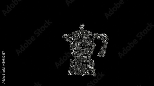 3d rendering mechanical parts in shape of symbol of moka coffee maker isolated on black background