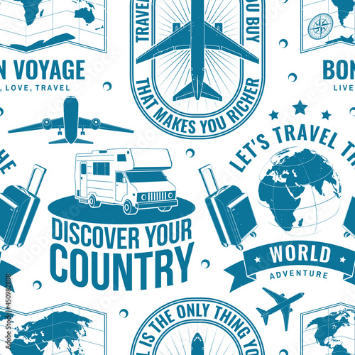 Tapety Podróże  travel-seamless-pattern-or-background-with-design-element-seamless-scene-with-travel-inspiration-quotes-globe-airplane-suitcase-cocktail-silhouette-vector-illustration-motivation-for-traveling