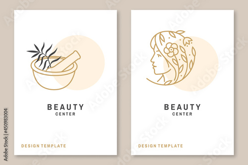 Beauty center with flowers, mortar and pestle, woman face for logo, label, badge, sign, emblem. For cosmetics, jewellery, beauty and handmade products, tattoo studios. Linear trendy style. Vector