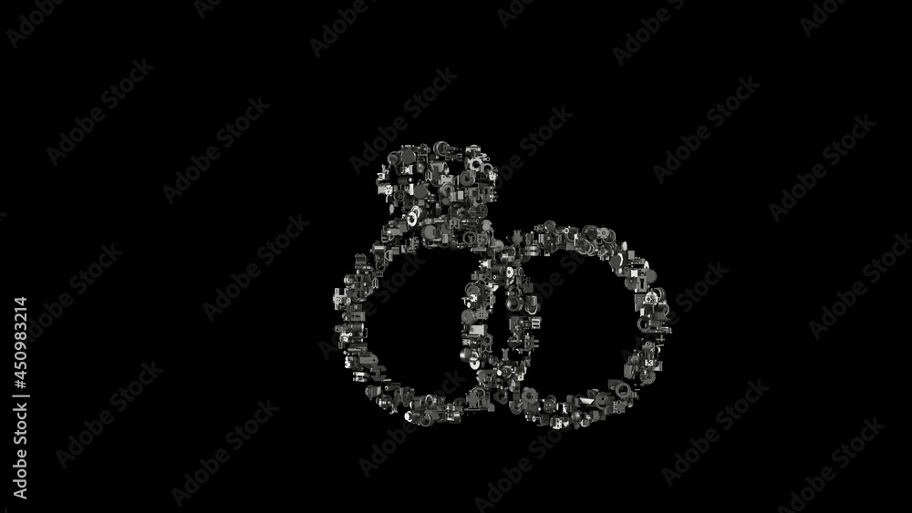 3d rendering mechanical parts in shape of symbol of proposal rings isolated on black background