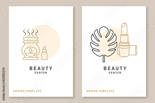 Lipstick with ceramic candle aroma oil lamp, leaf logo, label, badge, sign, emblem, beauty center. For cosmetics, jewellery, beauty and handmade products, tattoo studios. Linear trendy style. Vector