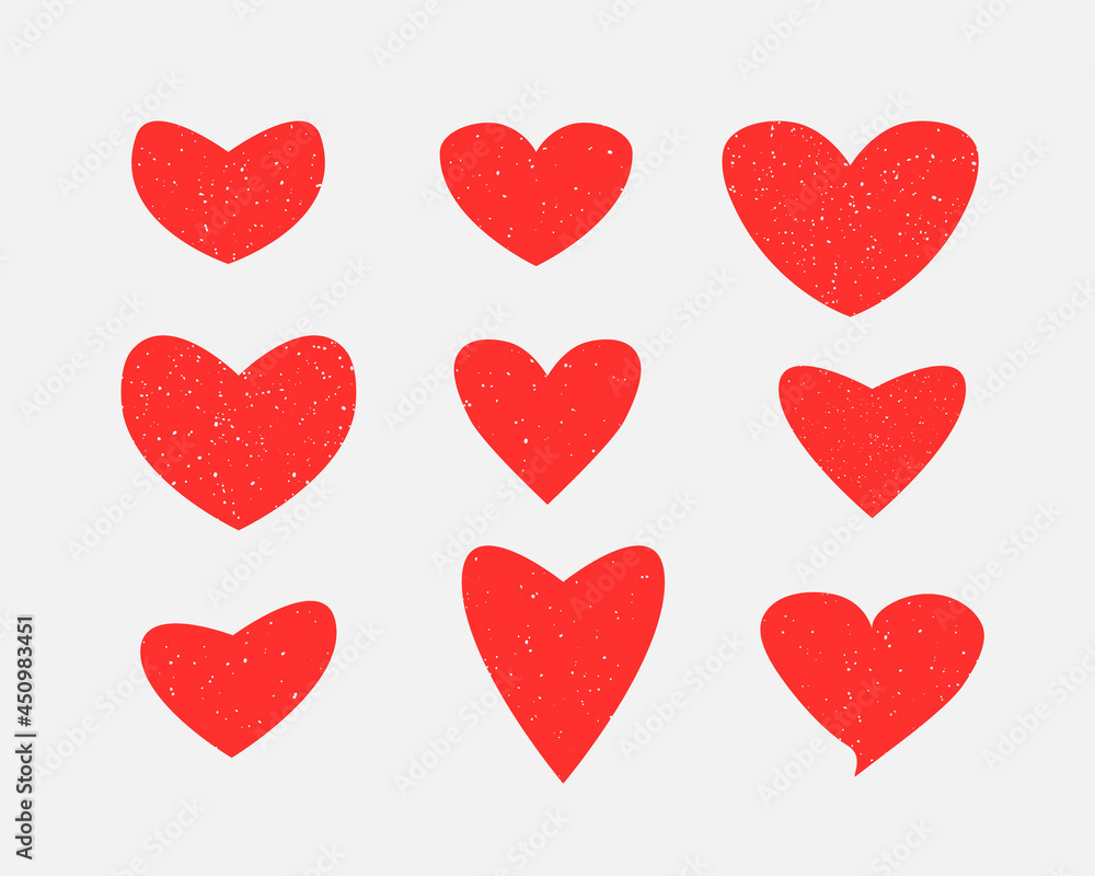 Red hearts with grunge texture icons set. Valentine s day, love signs, symbols. Vector illustration.