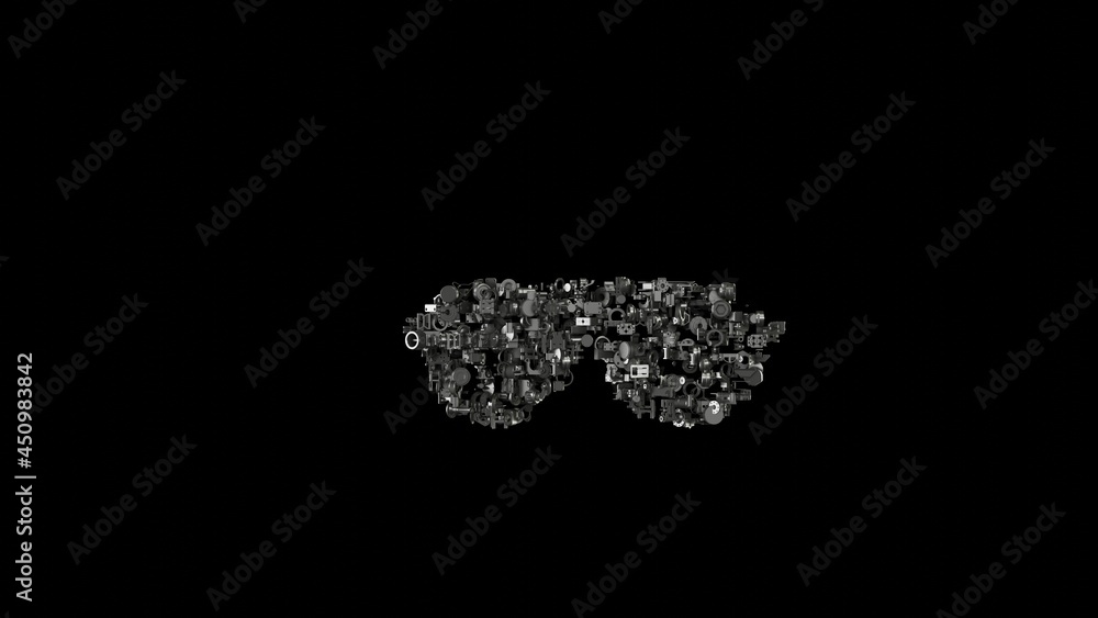 3d rendering mechanical parts in shape of symbol of sunglasses isolated on black background 3d rendering mechanical parts in shape of symbol of sunglasses isolated on black background