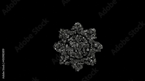 3d rendering mechanical parts in shape of symbol of sunflower isolated on black background