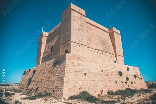 Views of St. Mary   s Tower on the island of Comino in Malta
