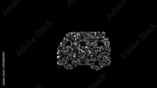 3d rendering mechanical parts in shape of symbol of van isolated on black background