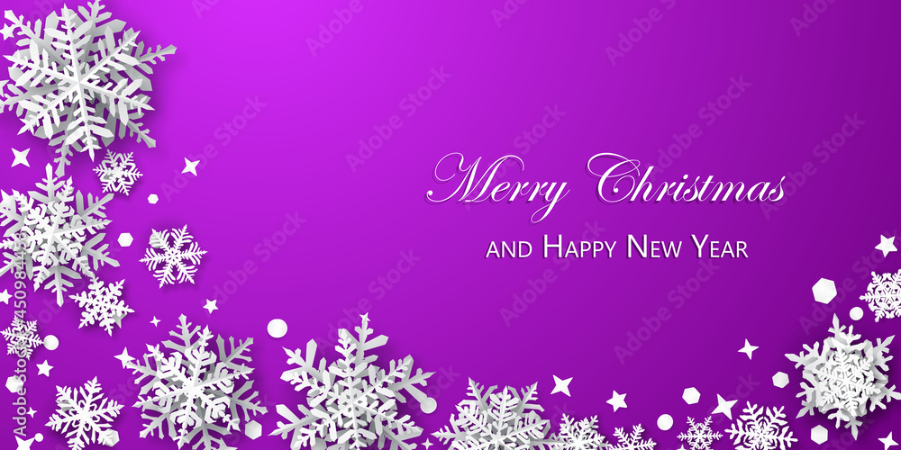 Christmas background of paper snowflakes with soft shadows, white on purple background Christmas background of paper snowflakes with soft shadows, white on purple background