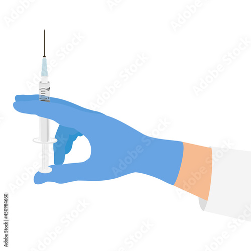 Nurse hand in medical glove holding disposable syringe with needle an injection