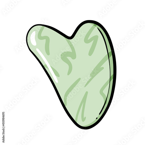 Gua sha massage scraper, nephrite green jade stone tool for face yoga, facial massaging, traditional asian acupuncture point massager, doodle cartoon vector illustration isolated on white. 