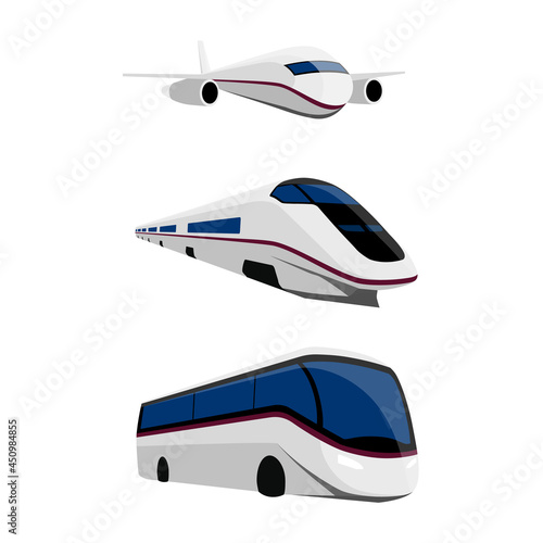 Vector transport set. Transportation and vehicle design. Bus, plane and train
