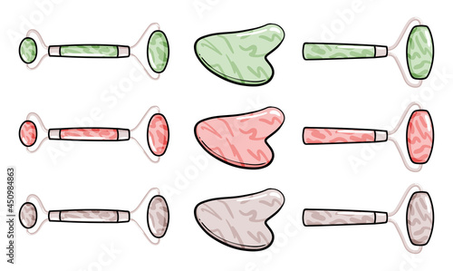 Gua Sha and facial massage roller tool isolated on white background. Quarts stone self massage scraper. Home face beauty routine. Modern flat doodle set of illustrations of Gua Sha and jade rollers.