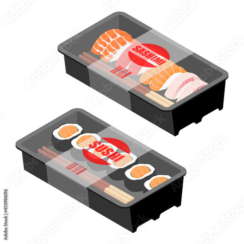 Sushi to go concept. Takeaway box with sushi, sashimi