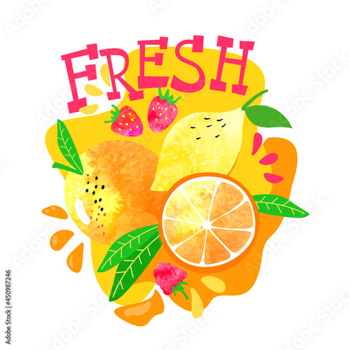 Juicy lemon and orange fruits on abstract splash background with berries