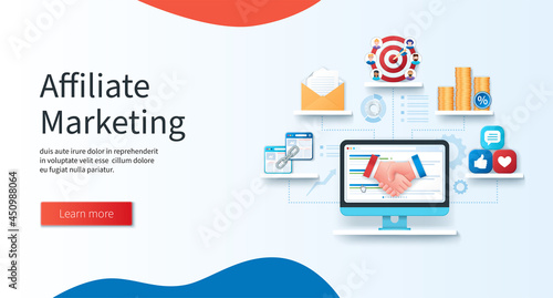 Affiliate marketing concept. Handshake, email, link, target, social media icons. Referral program, business partnership banner. Web vector illustrations in 3D style
