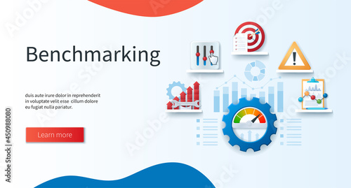 Benchmarking banner. Compare quality with other companies for improvement. Web vector illustrations in 3D style
