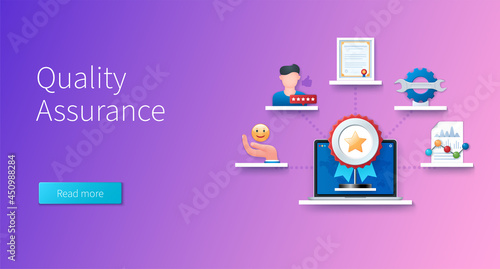 Quality assurance banner. Quality, standard, service, care, feedback icons. Web vector landing page template in 3D style