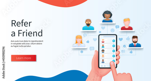 Refer a friend program concept. Hand holds a mobile phone with a list of friends on the screen. Referral program, business partnership banner. Web vector illustrations in 3D style photo