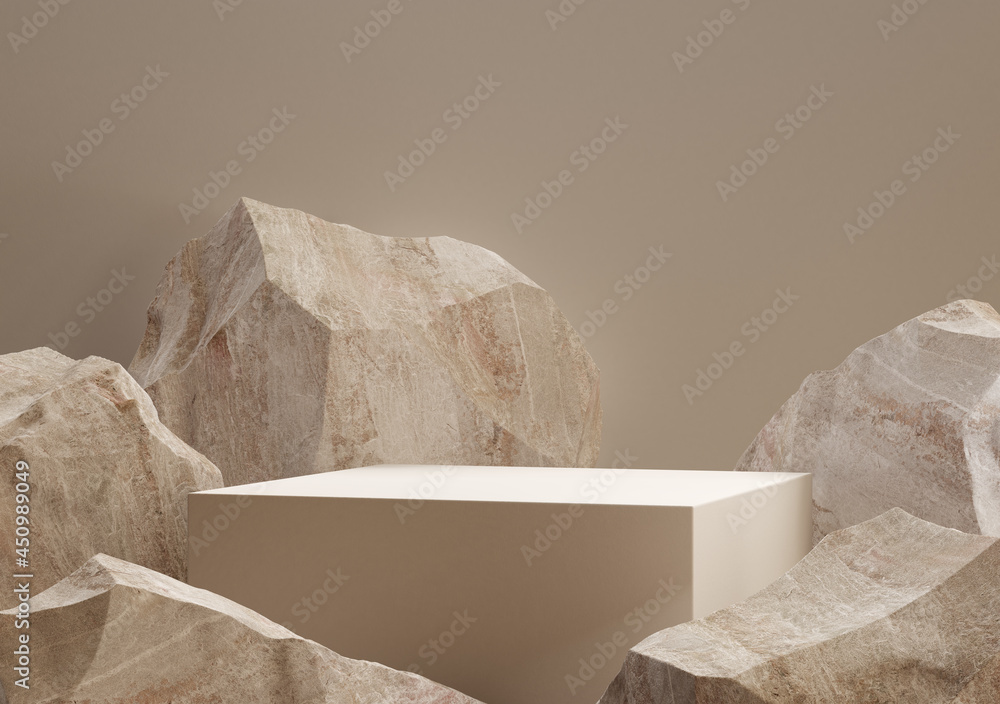 Abstract stones with cube for display product. 3d illustration