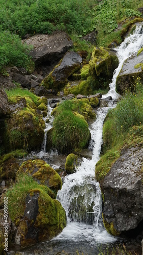 detail from the estuary of the waterfall on the rocks of the green mountain with moss and lichen, Seydisfjordur, Iceland
