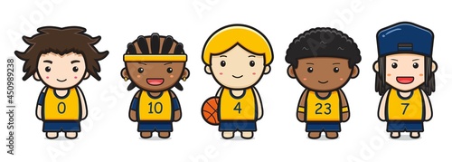 Set of cute basketball player cartoon icon vector illustration