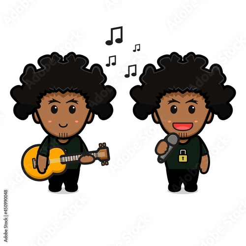 Cute curly boy playing guitar and singing cartoon icon vector illustration