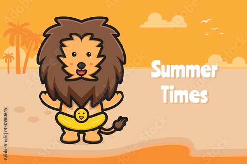 Fototapeta Naklejka Na Ścianę i Meble -  Cute lion wearing swimming ring with a summer greeting banner cartoon vector icon illustration