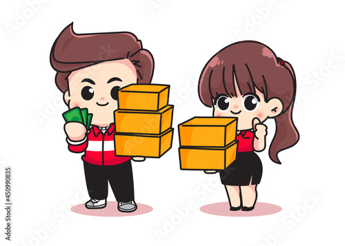 Cute woman and men holding cardboard and money ready to deliver character cartoon art illustration