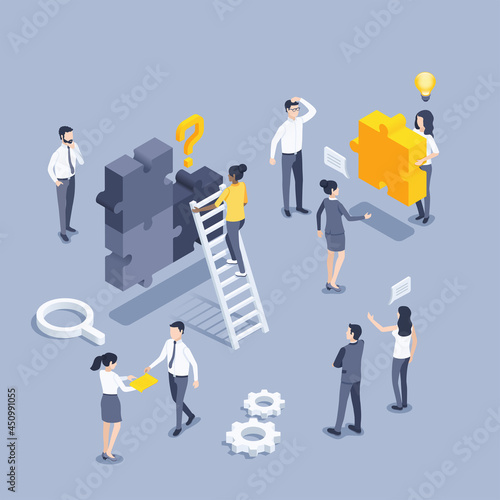 isometric vector illustration on gray background, people in business clothes are standing near an unassembled puzzle, teamwork for a common result