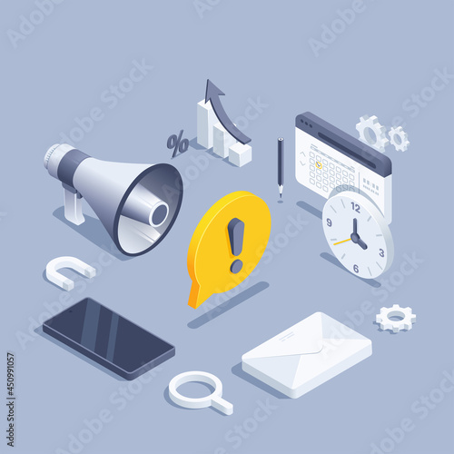 isometric vector illustration on gray background, loudspeaker with text bubble and exclamation mark, calendar with clock and smartphone with envelope, important business message