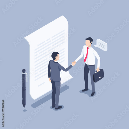 isometric vector illustration on gray background, men in business clothes shake hands next to paper document, signing a document or concluding a contract