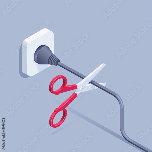 isometric vector illustration on gray background, scissors with red handle cut the wire connected to the outlet, electrical safety rules
