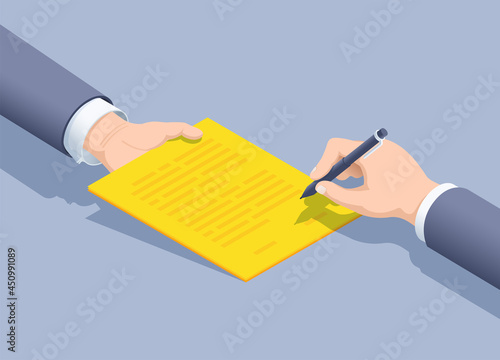 isometric vector illustration on gray background, a man in a business suit signs a document, business agreement or contract