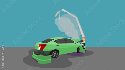 Damage Car crash pole light accident cannot drive. The front and back is severely damaged with smoke. The equipment is broken.
View from rear side. And leaking engine oil.