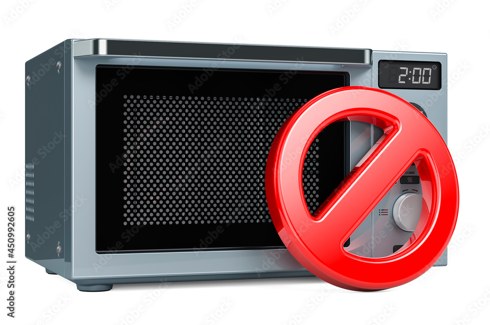 Prohibition symbol with microwave oven. 3D rendering Stock Illustration — free download